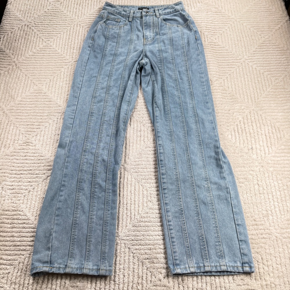 PrettyLittleThing Pintuck Seam Wide Leg Jeans US 4 Light Blue High Rise Denim
